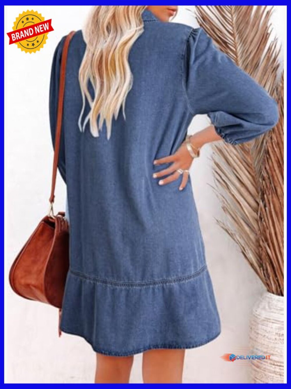 V Neck 3/4 Puff Sleeve Babydoll Denim Dress - Picture 2 of 7